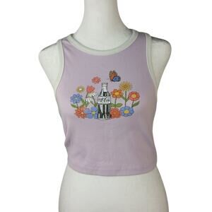 Coca Cola Juniors M Lilac Cropped Tank Top Floral Graphic White Trim Racerback